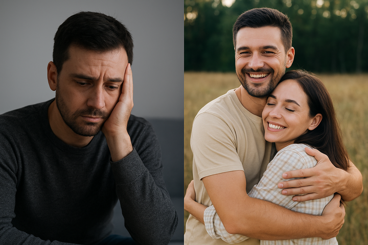 Hombre solo y triste antes, y pareja feliz y sonriente después.